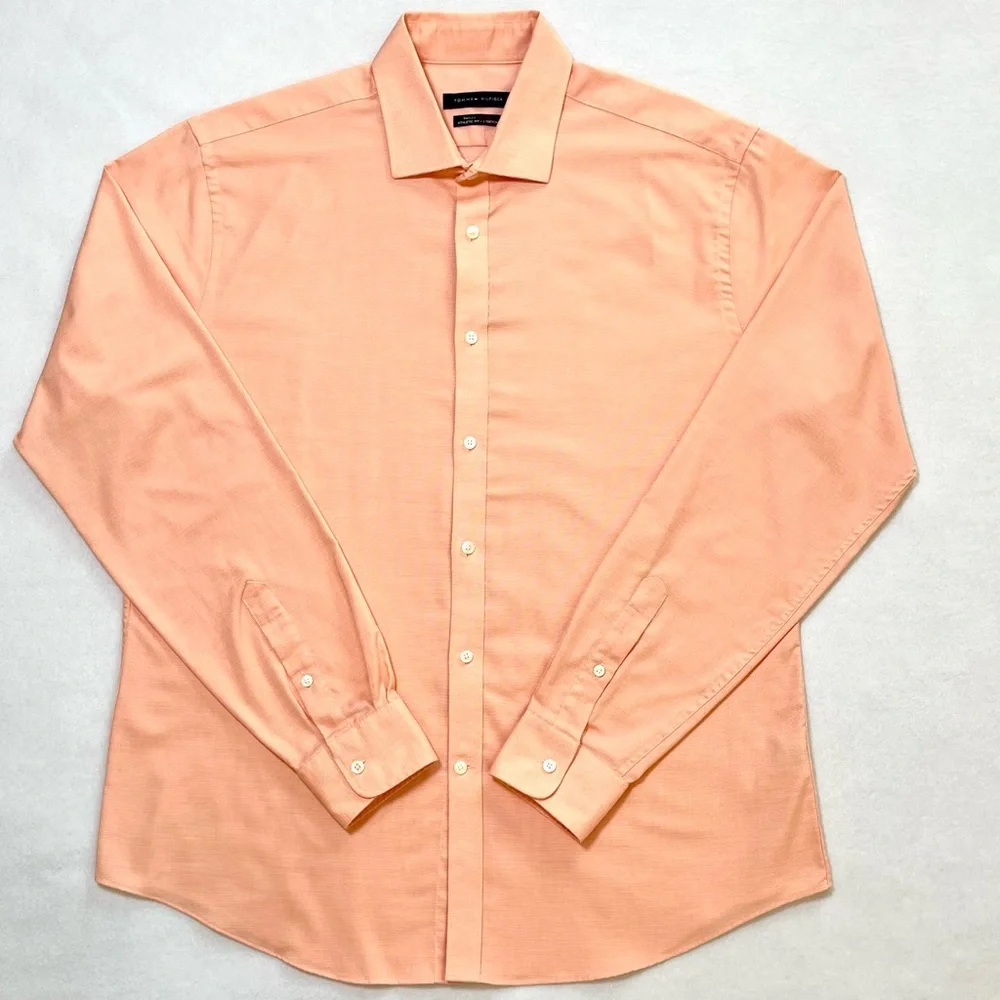 Tommy Hilfiger THFlex Athletic Fit Dress Shirt XL Peach Coral Button Front - Picture 2 of 13